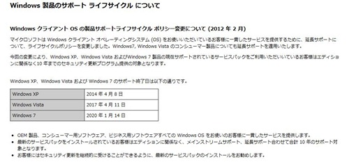 Windows 製品のサポートライフサイクルについて