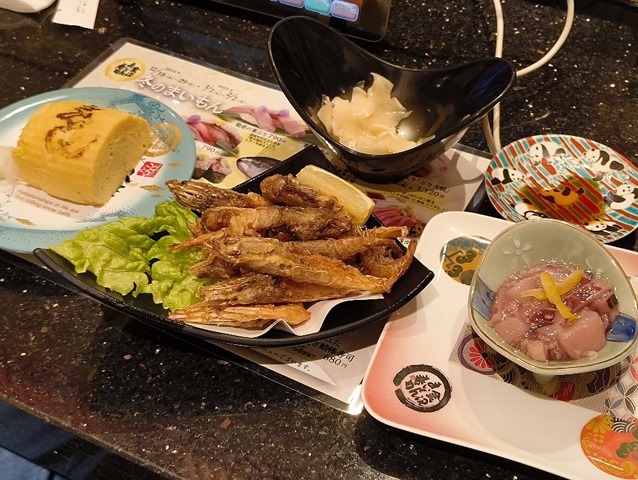 玉子焼、がすえび唐揚げ、能登いか麹漬け