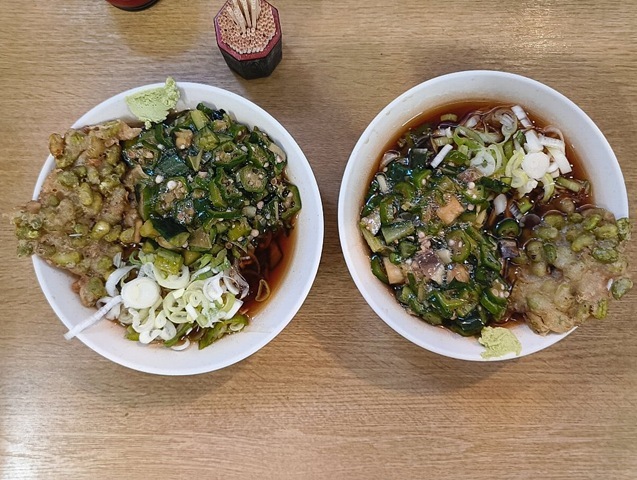 家人と2人で『一由そば』の「冷し太そば（小盛り）」を「山形だし」と「枝豆天」で朝食にした。珍しくあたしと同じものを家人もたべると云う。「山形だし」とこの「冷し太そば」の組み合わせを考えついた『一由そば』はやっぱり天才だといつも思うのだ〈笑）。（一由そば：荒川区西日暮里2丁目）