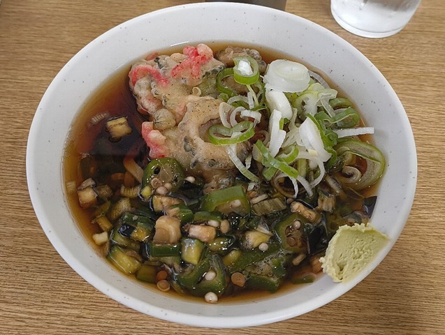 冷し太そば（小盛）＋山形だし＋ゴーヤと枝豆のかき揚げ