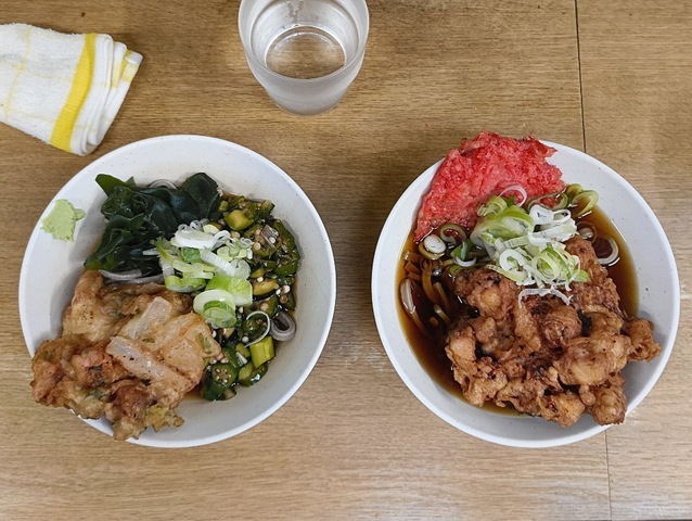 冷し太そば（小盛）＋山形だし＋五目かき揚げと太そば（小盛）＋ジャンボゲソ天＋紅しょうが天