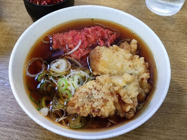 カキ天×2＋紅しょうが天ハーフ＋太そばハーフ