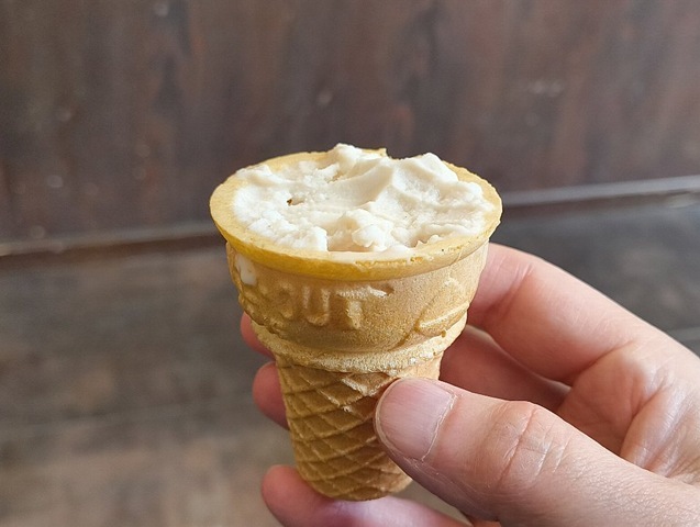 少しのアイスとコーンの部分だけ残された状態でこちらへ回ってきた