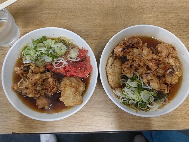 ジャンボゲソ天＋太そば（小盛）と紅しょうが天（半分）＋ミニゲソ天＋太そば（小盛）
