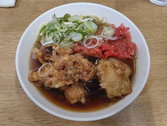 牡蠣天＋紅しょうが天（小盛）＋太そば（小盛）