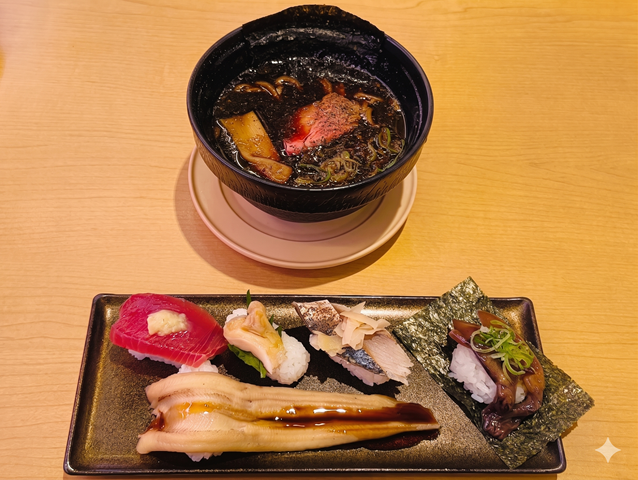 『スシロー』で「天然5種盛り」と「黒胡椒 濃口黒醤油ラーメン」でランチ。今日の一番は「日本海産 漬けほたるいか包み」だ。醤油漬けされた「ほたるいか」は、まるで塩辛のように味が深いのだ。うまかったのだよ（笑）。（スシロー 浅草吾妻橋店：墨田区吾妻橋１丁目）
