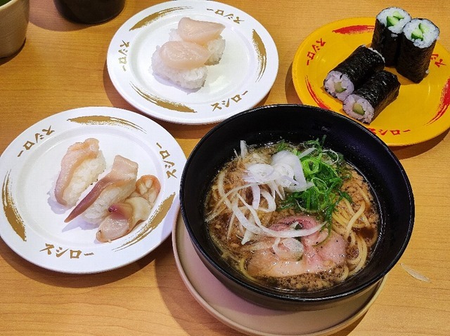 新潟背脂醤油ラーメンとほたての貝柱と生ほっき貝ときゅうり巻