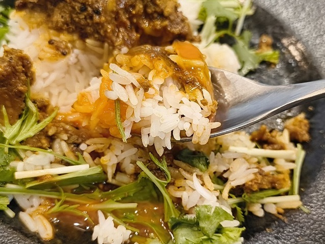 キーマカレーとライスと黄身を食べる