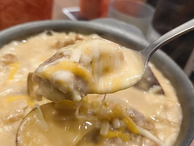 熱い鶏肉を追いチーズが溶けだした乳白色のソースと共にいただく