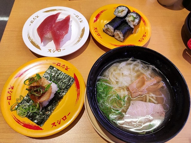 大切りめばち鮪としじみ塩ラーメンとほたて天ぷら麻婆包みと梅きゅう巻